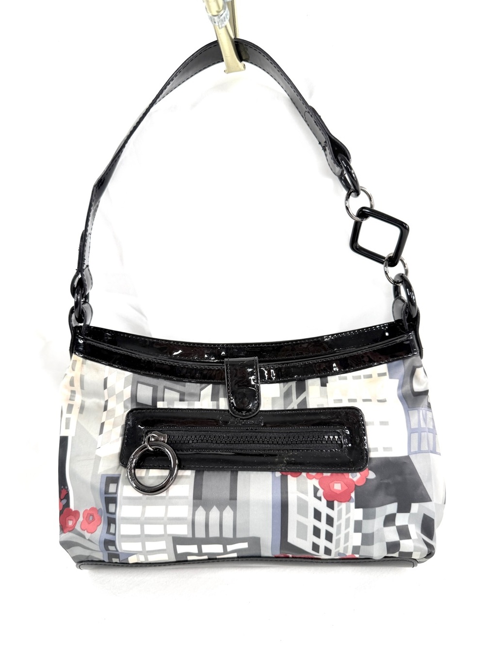 LeSportsac Boutique Gray White Red Geo Floral Nylon Small Shoulder Bag